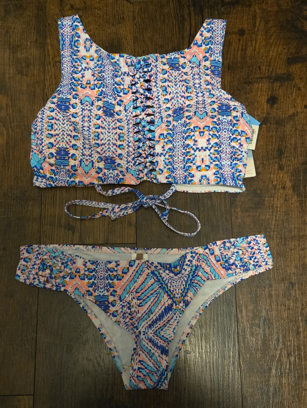High-Neck Printed Bikini Set in Blue & Pink